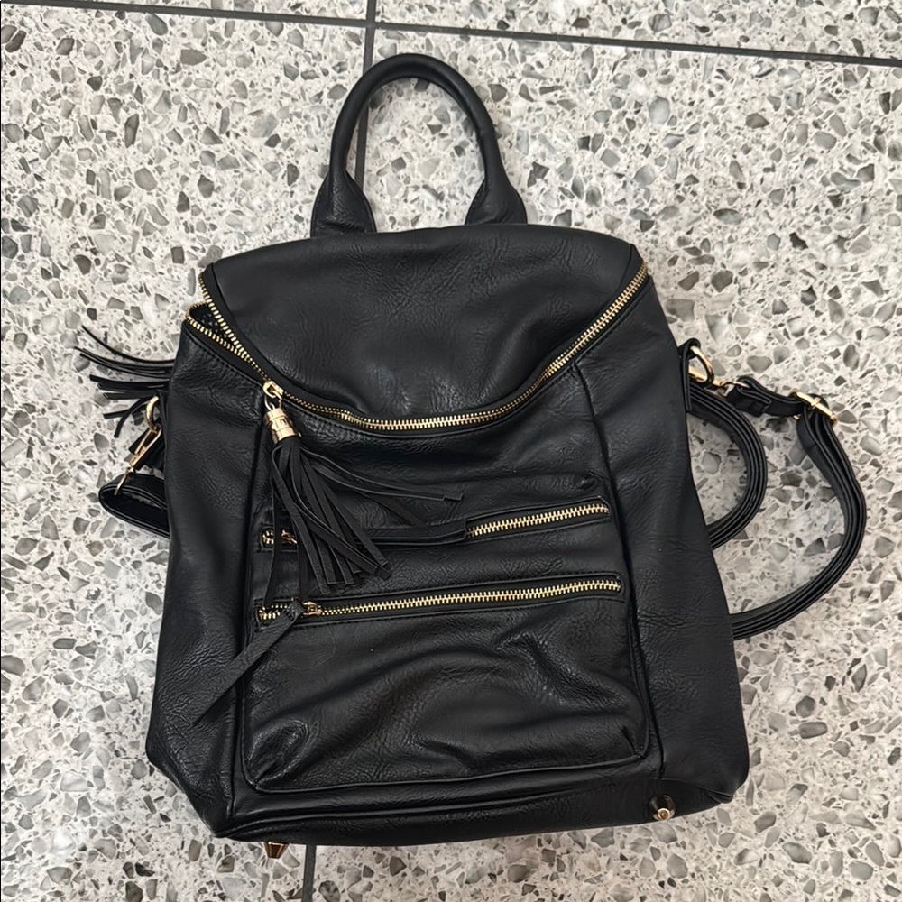 Black Leather Backpack Purse with Gold Accents